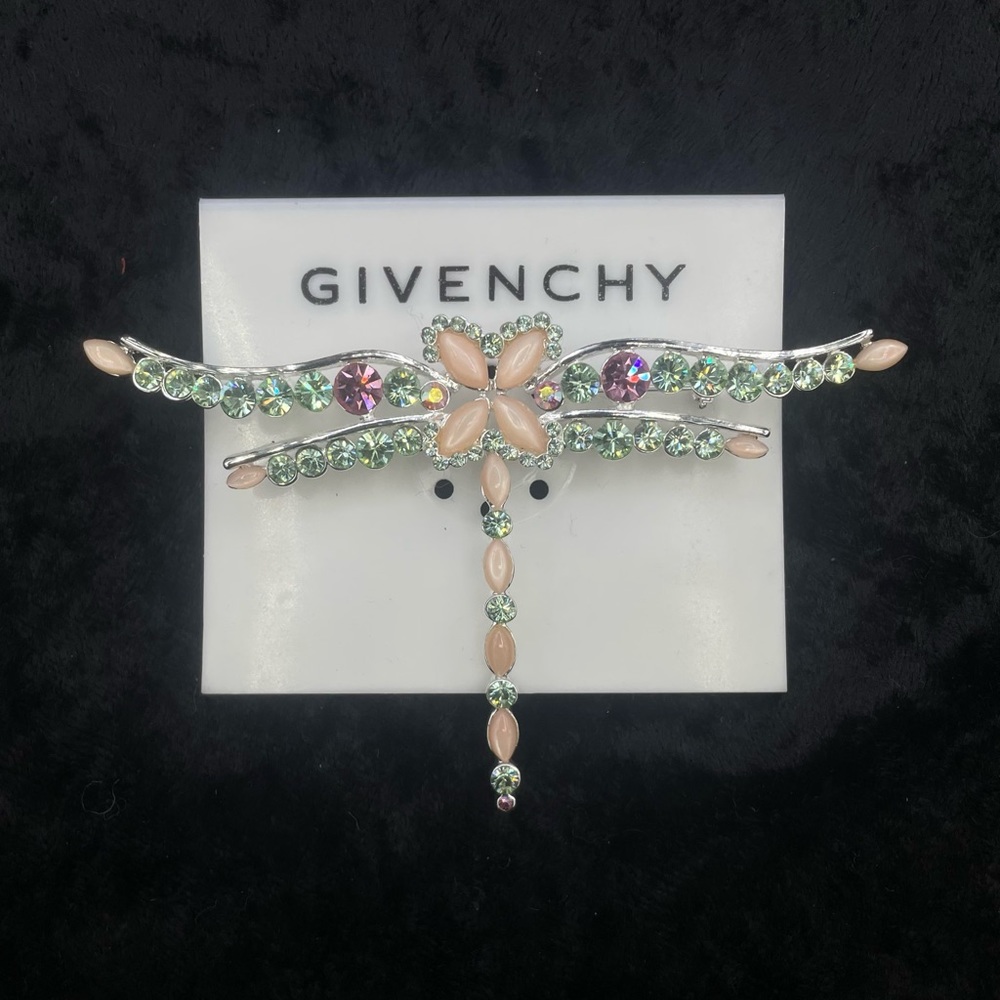 NWT GIVENCHY Dragonfly Pin Brooch Peach Moonstone Silver Tone Green Pink Crystal - Picture 9 of 9